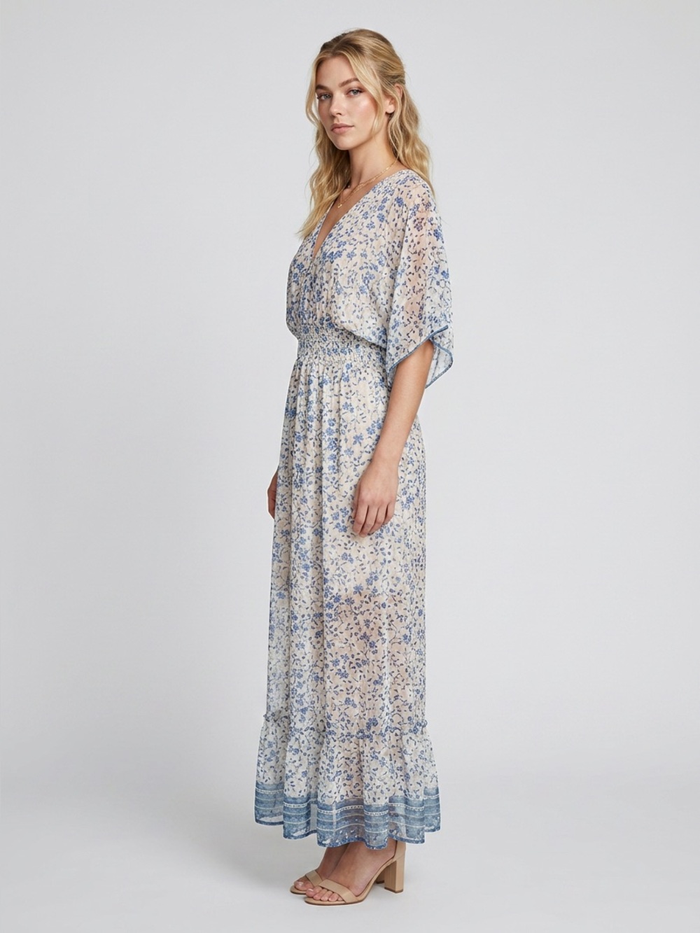 Light Blue Floral V-Neck Maxi Dress